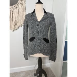 Anthropologie Sparrow Black Velvet Corduroy Trim Elbow Patch Gray Wool Cardigan